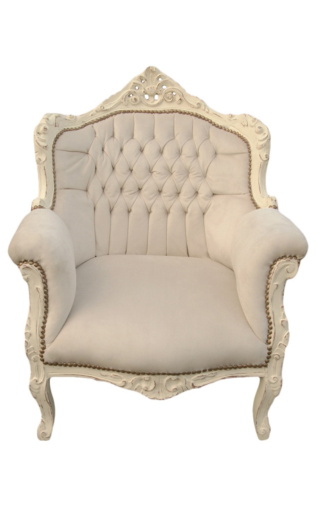 Fauteuil "princier" de style Baroque velours beige et bois beige patiné