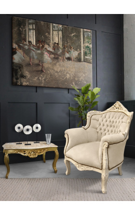 Fauteuil &quot;princier&quot; de style Baroque velours beige et bois beige patiné