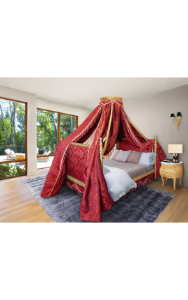 Cama de canopy barroca con madera de oro y tela roja Gobelins satine
