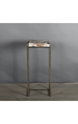 1970-ųjų stiliaus kvadratinis šoninis staliukas iš suakmenėjusios medienos ir žalvario spalvos metalo