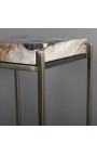 Čtvercový odkládací stolek ve stylu 70. let ze zkamenělého dřeva a kovu v barvě mosazi
