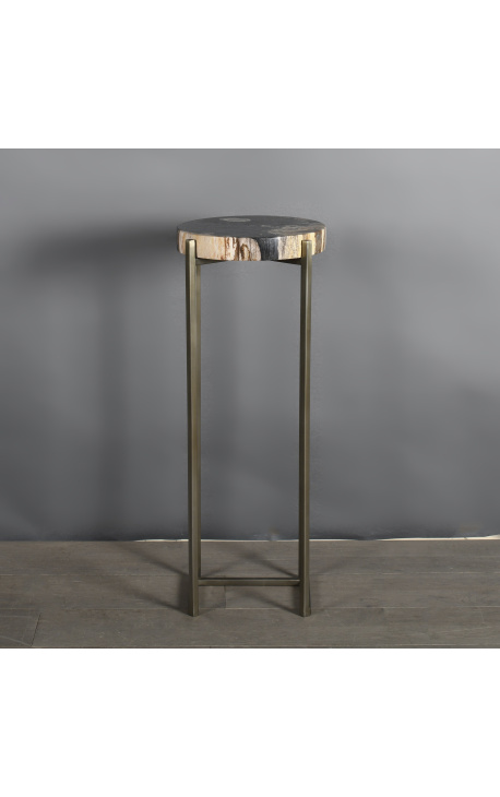 Круглый столик в стиле 1970-х годов из окаменелого дерева и металла цвета латуни