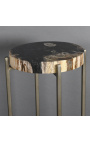 Kulatý odkládací stolek ve stylu 70. let ze zkamenělého dřeva a kovu v barvě mosazi