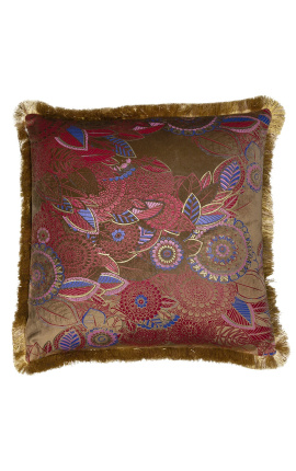Cuscino quadrato in velluto con stampa floreale color tortora e frange dorate 45 x 45