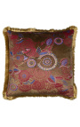 Coussin carré en velours imprimé floral taupe avec galon à franges dorées 45 x 45