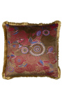 Kwadratowa poduszka z aksamitu w kolorze ciemnoszarym w kwiatowy wzór ze złotymi frędzlami 45 x 45
