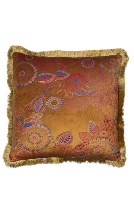 Almofada quadrada em veludo estampado floral ferrugem com franjas douradas 45 x 45