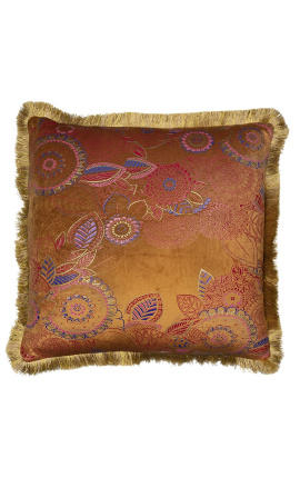 Neliön muotoinen tyyny ruskeanväristä kukkakuvioista samettia kultaisella reunuksella 45 x 45
