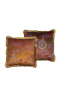 Cuscino quadrato in velluto stampa floreale tortora con bordo frangia oro 45 x 45