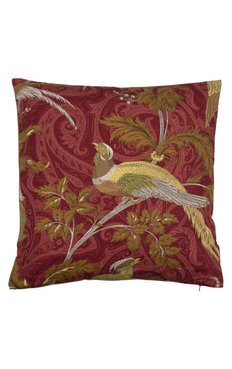 Coussin carré tissu tissé cachemire oiseau rouge 45 x 45