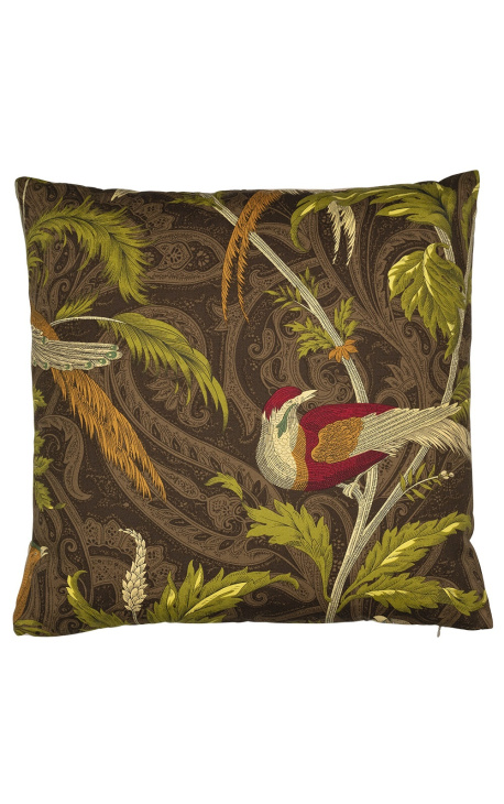 Square cushion woven cashmere fabric taupe bird 45 x 45