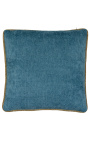 Coussin carré en velours couleur bleu pétrole avec galon torsadé beige 45 x 45