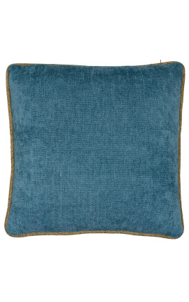 Τετράγωνο μαξιλάρι σε πετρόλ μπλε βελούδο με μπεζ στριφτή πλεξούδα 45 x 45