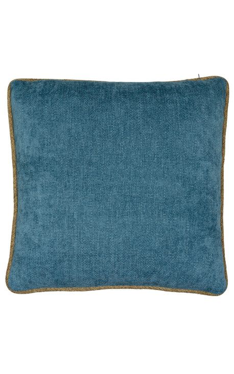 Coussin carré en velours couleur bleu pétrole avec galon torsadé beige 45 x 45