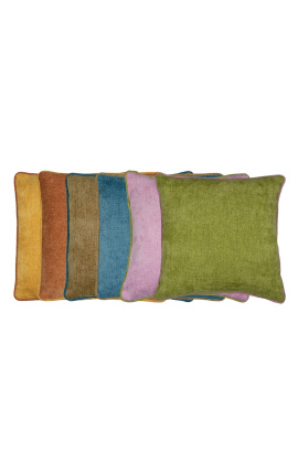 Coussin carré en velours couleur bleu pétrole avec galon torsadé beige 45 x 45