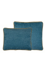 Coussin carré en velours couleur bleu pétrole avec galon torsadé beige 45 x 45