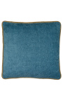 Coussin carré en velours couleur bleu pétrole avec galon torsadé beige 45 x 45