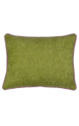 Coussin rectangulaire en velours couleur vert avec galon torsadé rose 35 x 45