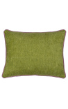 Coussin rectangulaire en velours couleur vert avec galon torsadé rose 35 x 45