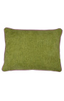 Coussin rectangulaire en velours couleur vert avec galon torsadé rose 35 x 45