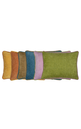 Coussin rectangulaire en velours couleur vert avec galon torsadé rose 35 x 45