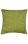 Coussin carré en velours couleur vert avec galon torsadé rose 45 x 45