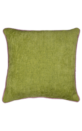 Coussin carré en velours couleur vert avec galon torsadé rose 45 x 45