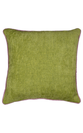 Cuscino quadrato in velluto verde con treccia torciata rosa 45 x 45