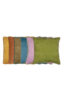 Quadratisches Kissen aus grünem Samt mit rosa gedrehtem Zopf, 45 x 45