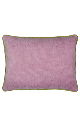 Coussin rectangulaire en velours couleur rose avec galon torsadé vert 35 x 45