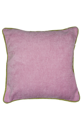 Almofada quadrada em veludo rosa com trança trançada verde 45 x 45