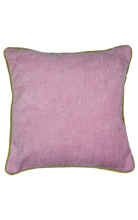 Vierkant kussen in roze fluweel met groen gedraaid vlechtwerk 45 x 45