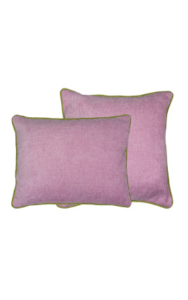 Coussin carré en velours couleur rose avec galon torsadé vert 45 x 45