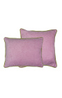 Coussin carré en velours couleur rose avec galon torsadé vert 45 x 45