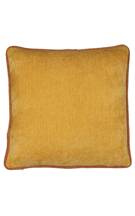 Square cushion in ocher-coloured velvet with twisted rust braid 45 x 45