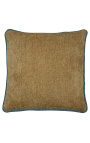 Coussin carré en velours couleur beige avec galon torsadé bleu pétrole 45 x 45