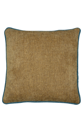 Coussin carré en velours couleur beige avec galon torsadé bleu pétrole 45 x 45