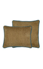 Coussin carré en velours couleur beige avec galon torsadé bleu pétrole 45 x 45