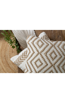 Square cushion in white and beige cotton with diamond point decoration 45 x 45