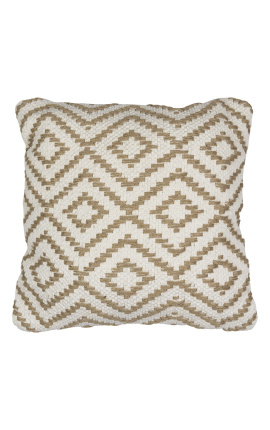 Cuscino quadrato in cotone bianco e beige con decoro a punta di diamante 45 x 45