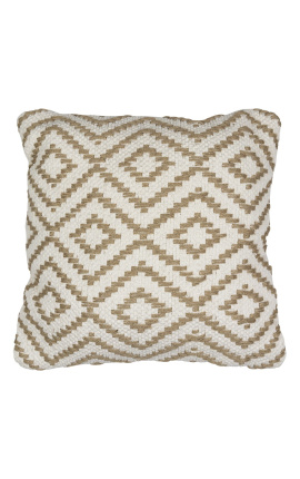 Vierkant kussen in wit en beige katoen met ruitvormige puntdecoratie 45 x 45