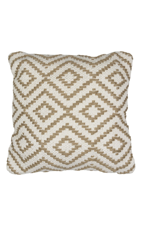 Square cushion in white and beige cotton with diamond point decoration 45 x 45