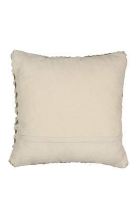 Coussin carré en coton blanc et beige décor à bandes 45 x 45