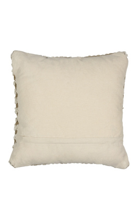 Fyrkantig kudde i vit och beige bomull med banddekor 45 x 45