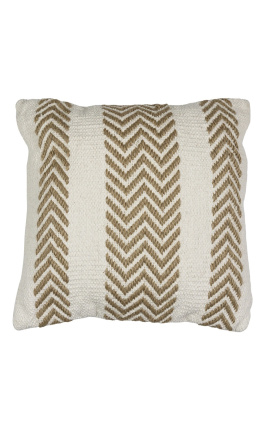Square cushion in white and beige cotton with herringbone decor 45 x 45