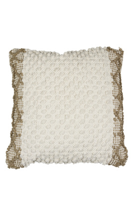 Cuscino quadrato in cotone bianco e beige con decoro palline 45 x 45