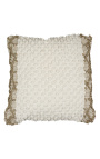 Cojín cuadrado en algodón blanco y beige con decoración de bolas 45 x 45