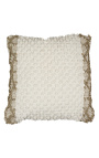 Coussin carré en coton blanc et beige décor à boules 45 x 45