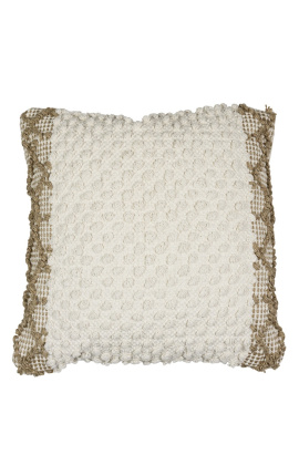 Square cushion in white and beige cotton with ball decor 45 x 45