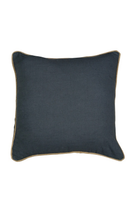 Čtvercový polštář z tmavě šedého lnu a bavlny s jutovým prýmkem 45 x 45